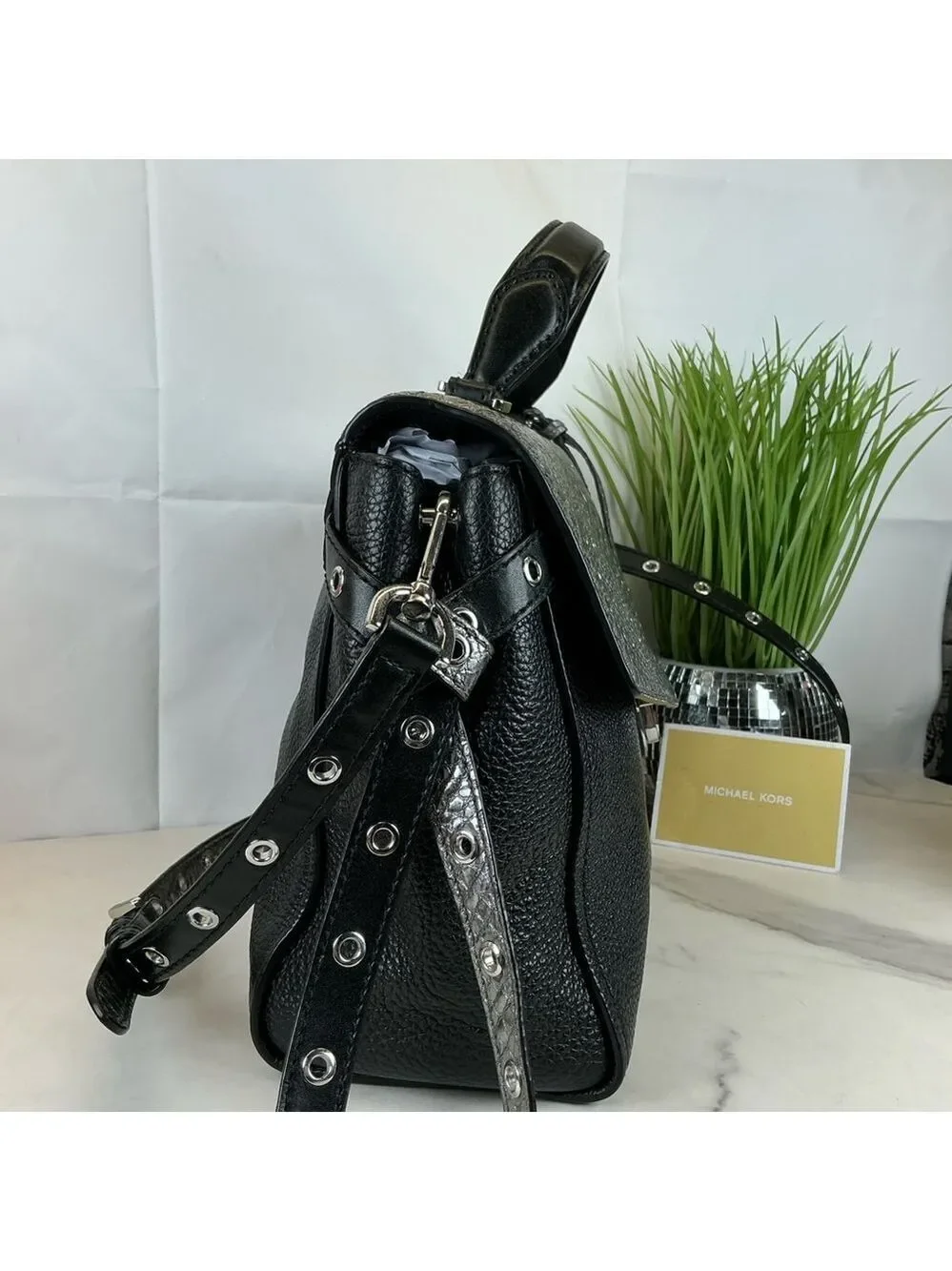 Michael Kors Black Silver Bristol Flap Satchel hand Bag‎ Crossbody Snakeskin